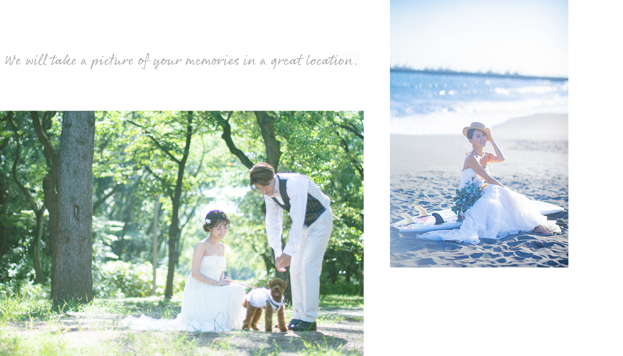 大阪の靭公園でフォトウェディングを撮影するカップルと海岸でソロ撮影をする花嫁の写真