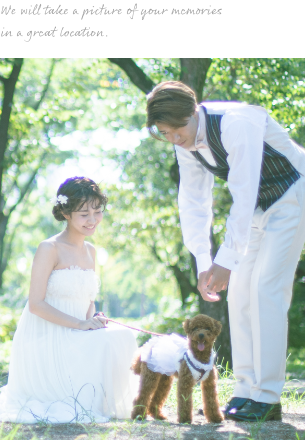 大阪の靭公園でワンちゃんとフォトウェディング撮影をするカップル
