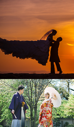 大阪の旧藤田邸で和装フォトウェディングをするカップル