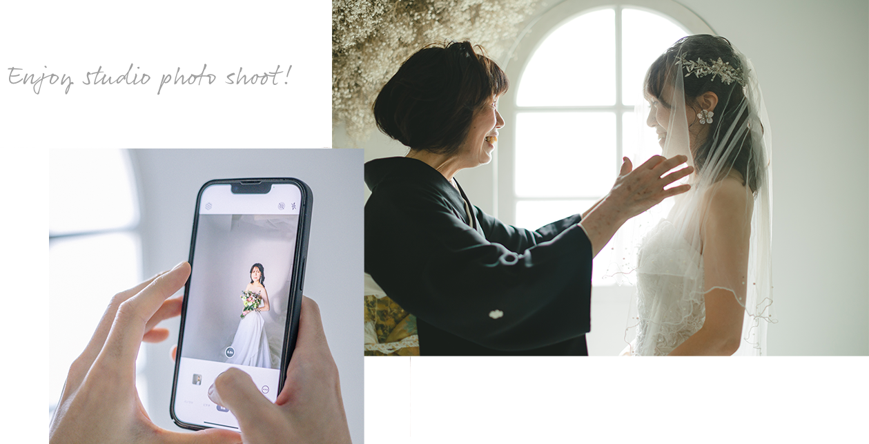 大阪のスタジオで花嫁をスマホ撮影する新郎の写真と母親にベールダウンをしてもらい見つめ合う母親と花嫁